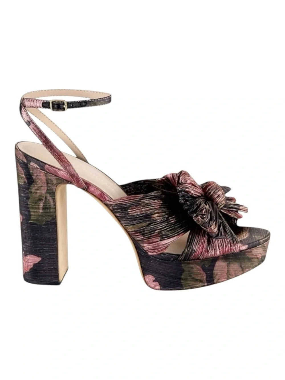 Loeffler Randall ✿ Natalia Pleated Knot Platform Heel Sandal ✿ Metal Floral ✿ 9M